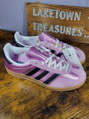 Adidas Gazelle Metallic Pink with Black Stripes indoor sneakers